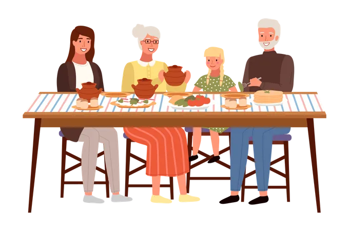 Familia ucraniana cenando  Ilustración
