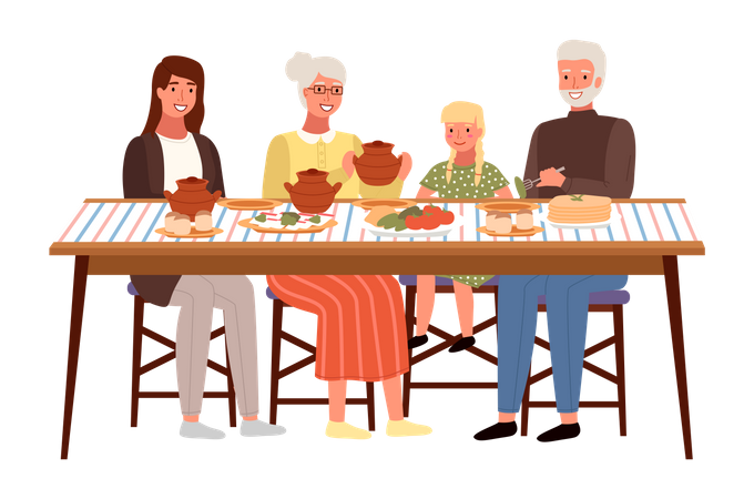 Família ucraniana jantando  Ilustração
