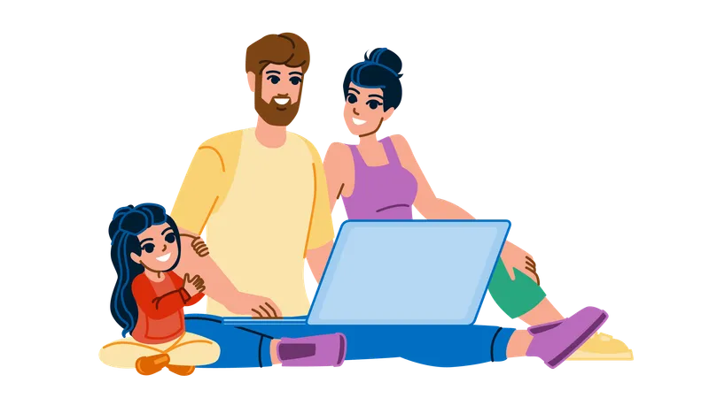 Família usando computador  Ilustração