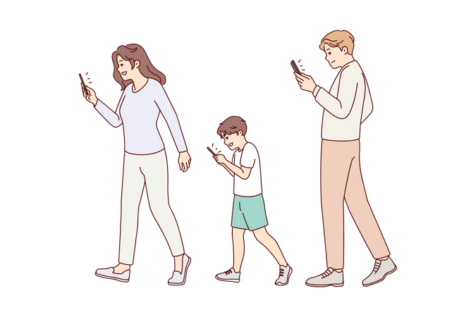 Familia usando el teléfono mientras camina  Ilustración