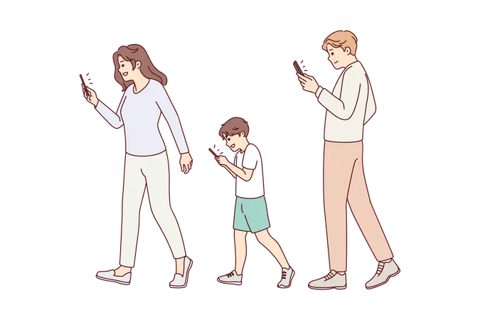 Familia usando el teléfono mientras camina  Ilustración