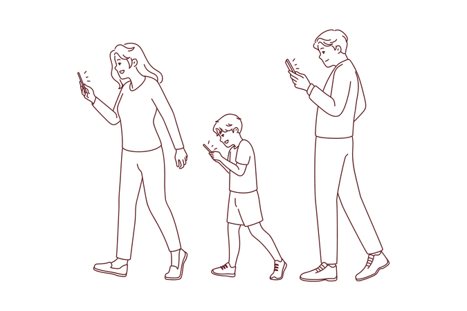 Familia usando el teléfono mientras camina  Ilustración
