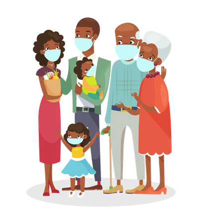 Família usando máscara facial para segurança contra vírus cobiçoso  Ilustração