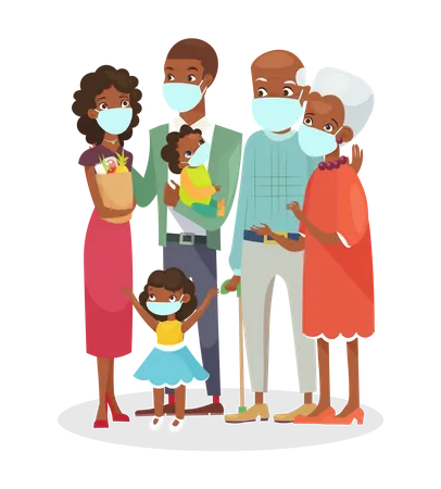 Família usando máscara facial para segurança contra vírus cobiçoso  Ilustração