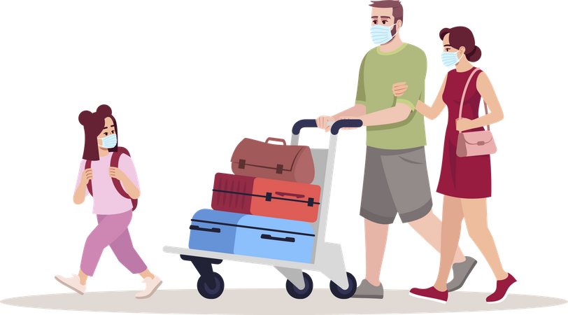 Familia usando máscara y yendo de vacaciones  Ilustración