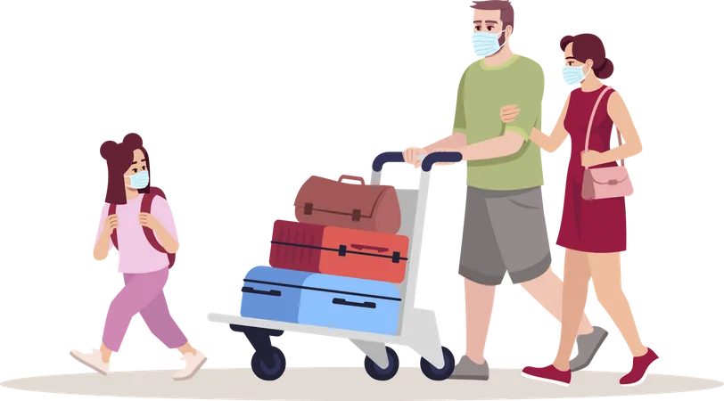 Familia usando máscara y yendo de vacaciones  Ilustración