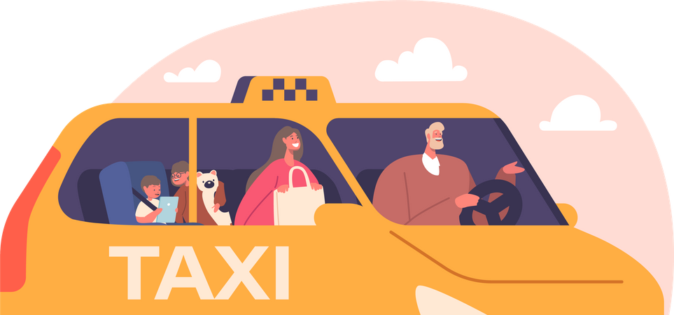 Familia que utiliza el servicio de taxi automóvil  Ilustración