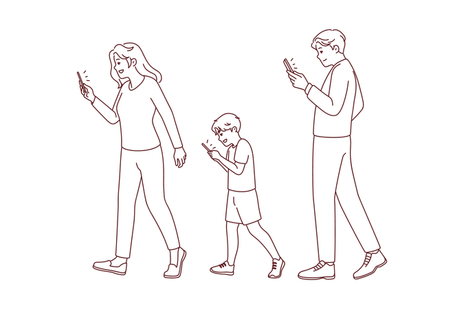 Família usando telefone enquanto caminhava  Ilustração