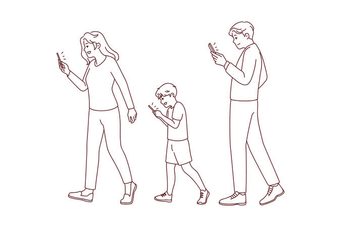 Família usando telefone enquanto caminhava  Ilustração