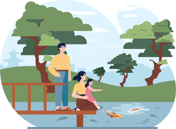 Familia va a pescar con cebo  Ilustración