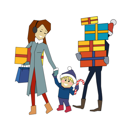 Família indo com presentes no Natal  Ilustração