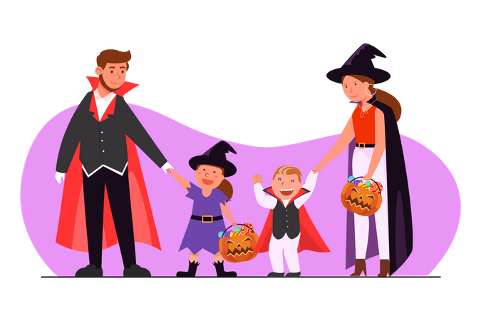 Familia vestida con disfraz de Halloween yendo de fiesta  Ilustración