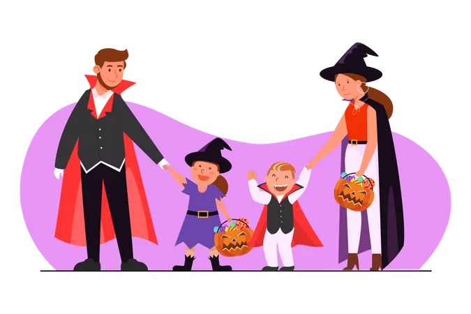 Familia vestida con disfraz de Halloween yendo de fiesta  Ilustración