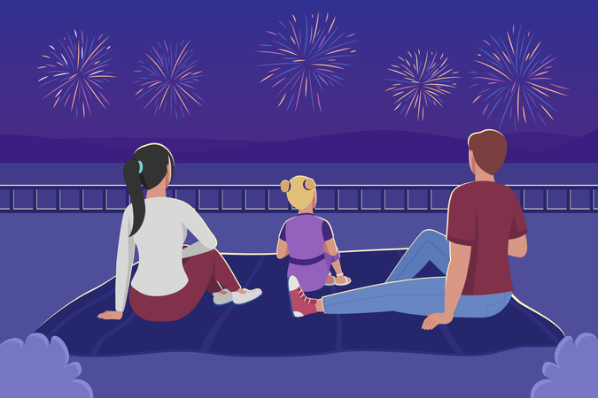 Familia viendo fuegos artificiales  Ilustración