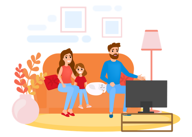 Familia viendo televisión mientras están sentados juntos en el sofá  Ilustración