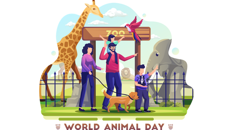 Familia visita zoológico para celebrar el día mundial de los animales  Ilustración