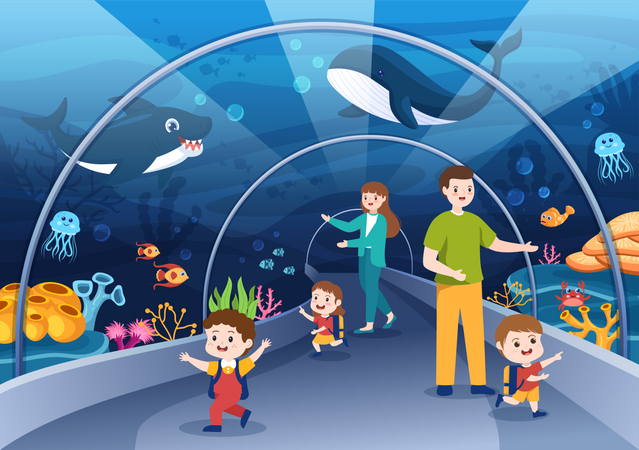 Familia visitando el acuario de peces.  Ilustración