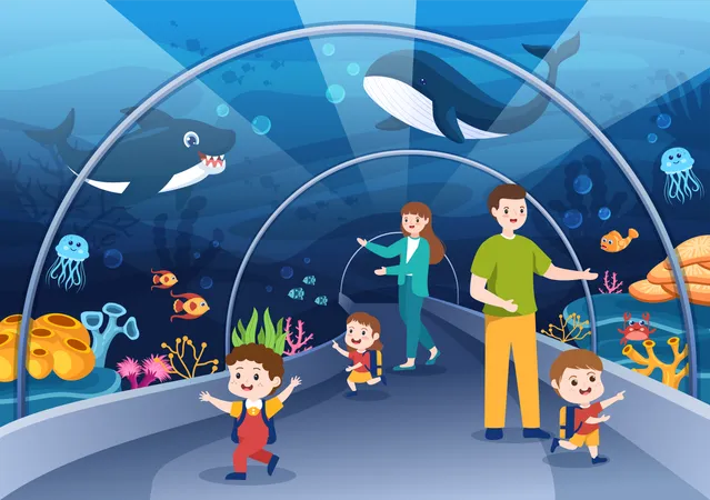 Familia visitando el acuario de peces.  Ilustración