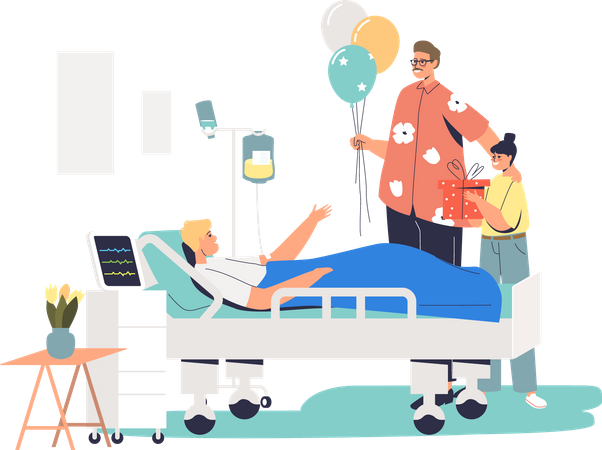 Família visitando paciente no hospital durante recuperação  Ilustração