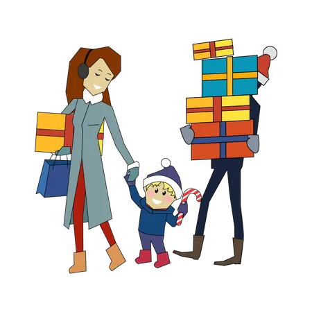 Familia va con regalos en Navidad  Ilustración