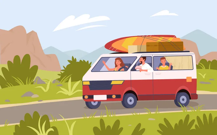 Familia yendo de picnic en autocaravana  Ilustración