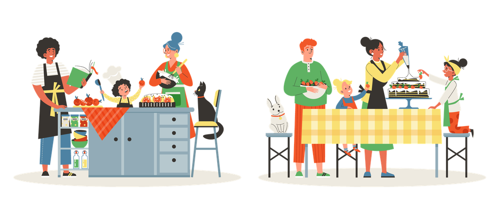 Membros da família cozinhando juntos  Ilustração