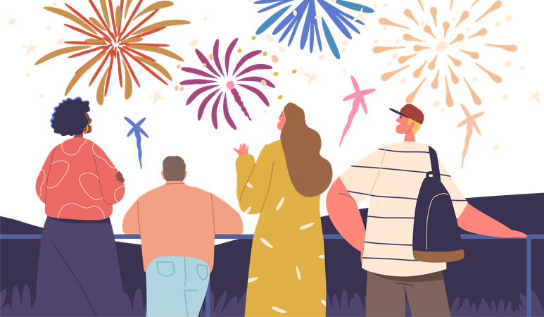 Famílias e amigos se reúnem maravilhados enquanto fogos de artifício vibrantes explodem no céu  Ilustração