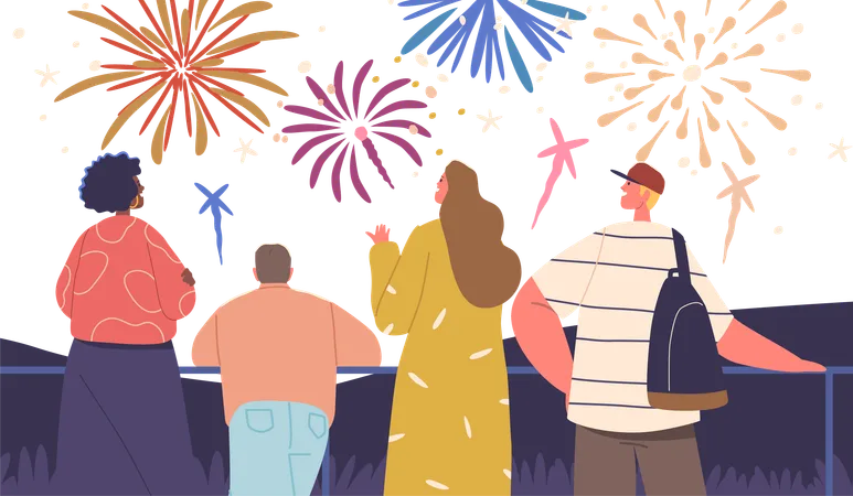 Famílias e amigos se reúnem maravilhados enquanto fogos de artifício vibrantes explodem no céu  Ilustração