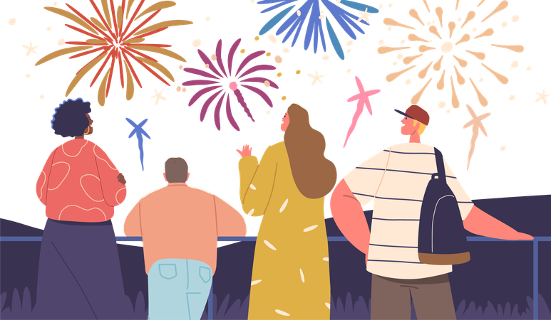 Familias y amigos se reúnen asombrados mientras los vibrantes fuegos artificiales navideños estallan en lo alto  Ilustración