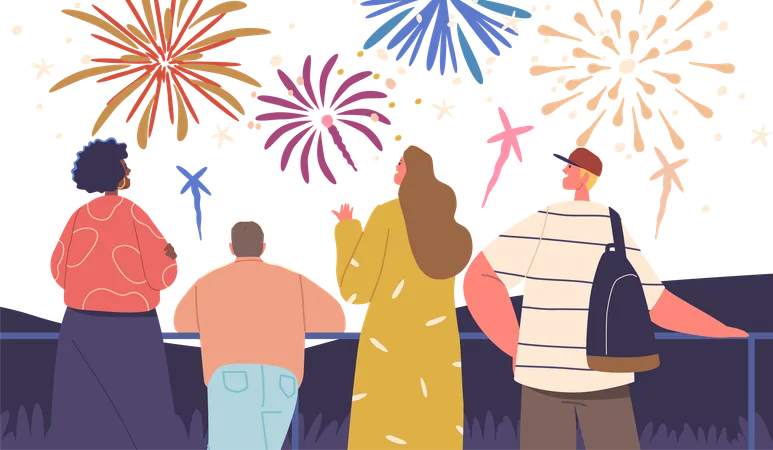 Familias y amigos se reúnen asombrados mientras los vibrantes fuegos artificiales navideños estallan en lo alto  Ilustración