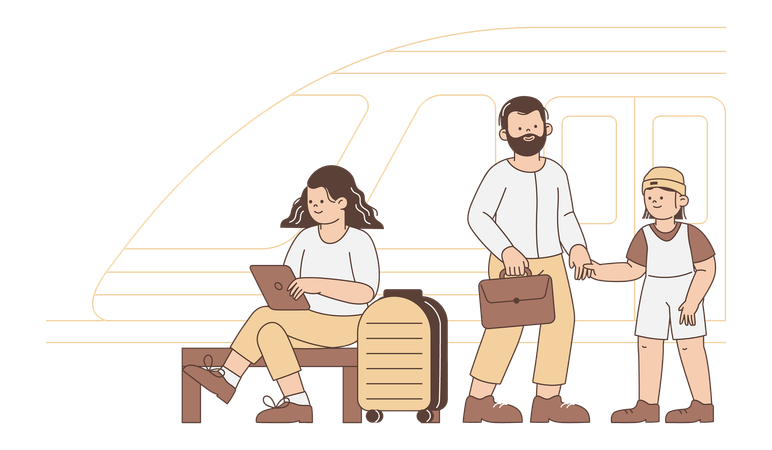 Familie am Bahnhof mit Gepäck und Tablet  Illustration