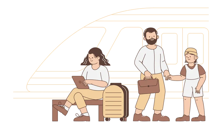 Familie am Bahnhof mit Gepäck und Tablet  Illustration