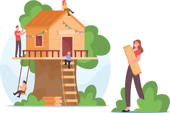 Familie baut gemeinsam ein Baumhaus  Illustration