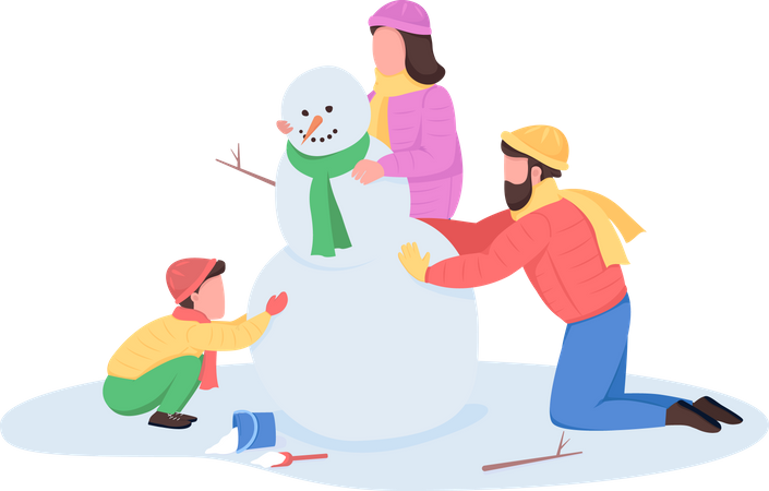 Familie baut Schneemann  Illustration