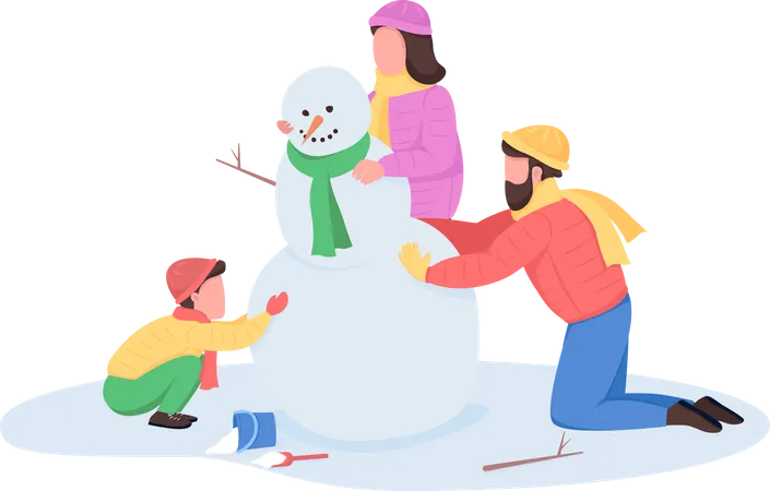 Familie baut Schneemann  Illustration