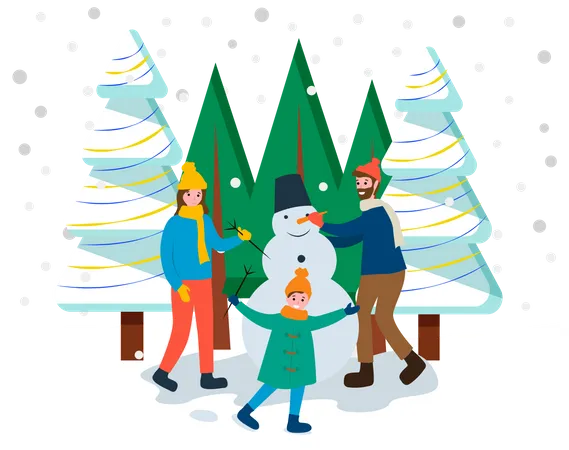 Familie macht Schneemann  Illustration