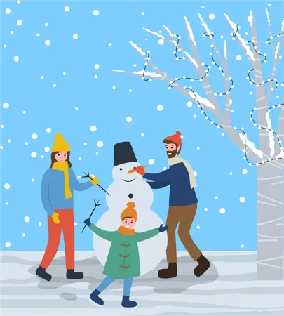 Familie macht Schneemann  Illustration