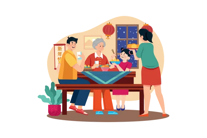 Familie beim Abendessen am chinesischen Neujahrsfest  Illustration