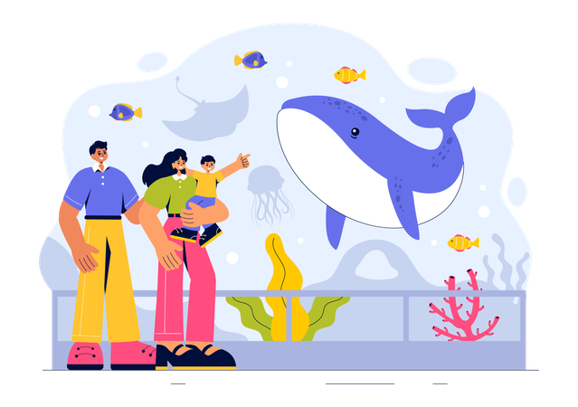 Familie schaut sich Wale im Aquarium an  Illustration