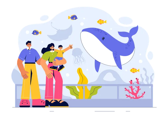 Familie schaut sich Wale im Aquarium an  Illustration