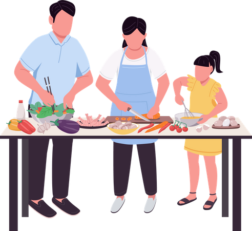 Familie bereitet gemeinsam das Abendessen vor  Illustration