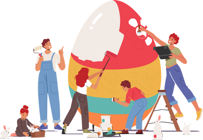 Familie bereitet sich auf das Osterfest vor  Illustration