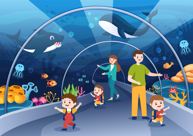 Familie besucht Fischaquarium  Illustration