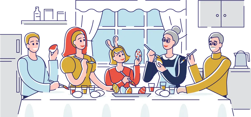 Familie dekoriert gemeinsam Ostereier  Illustration