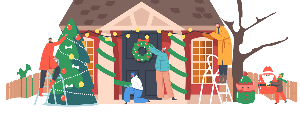 Familie schmückt das Haus zu Weihnachten  Illustration