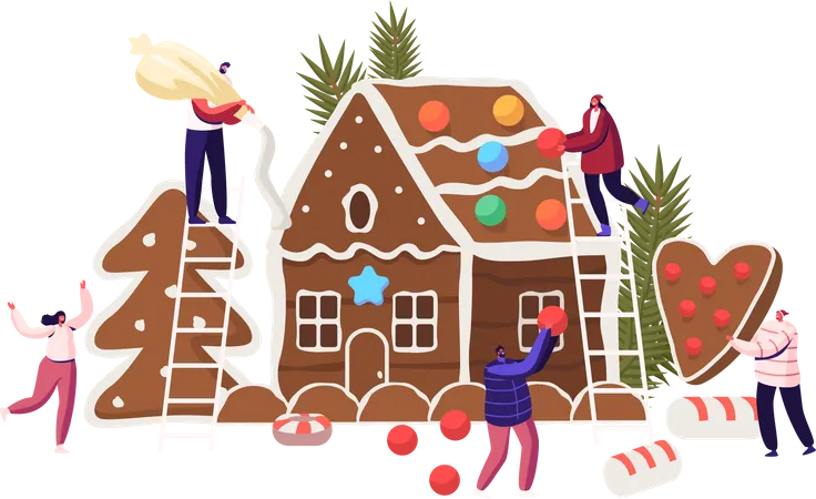 Familie dekoriert weihnachtliches Lebkuchenhaus  Illustration