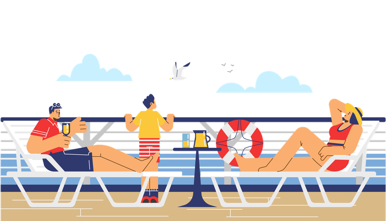 Familie entspannt auf Luxus-Kreuzfahrtschiff  Illustration