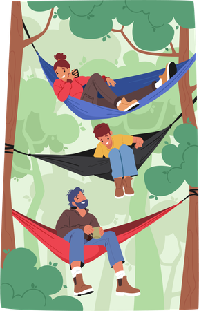 Entspannende Zeit für die Familie in Hängematten im Wald  Illustration