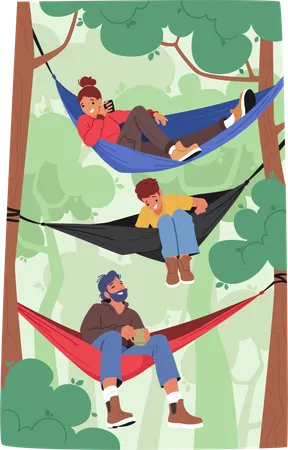 Entspannende Zeit für die Familie in Hängematten im Wald  Illustration