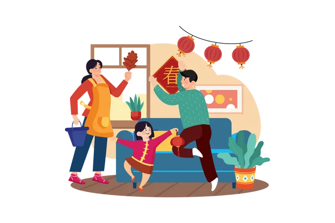 Familie feiert chinesisches Neujahr  Illustration